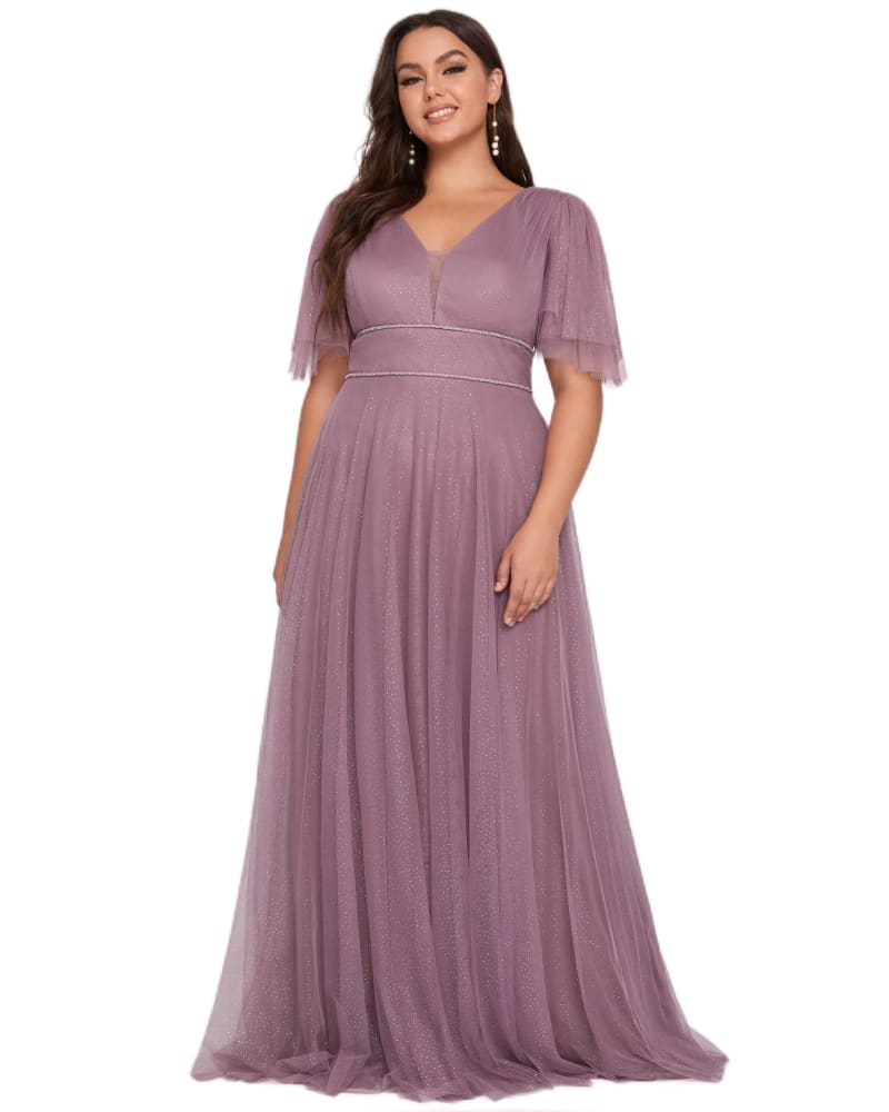 Front of a model wearing a size 18 V Neck Tulle Formal Evening Dress with Ruffle Sleeves in Purple Orchid by Ever-Pretty. | dia_product_style_image_id:294861